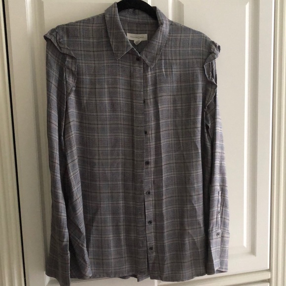 💙Treasure&Bond Tailored button down shoulder ruffle plaid cuff sleeved blouse. - Picture 1 of 12